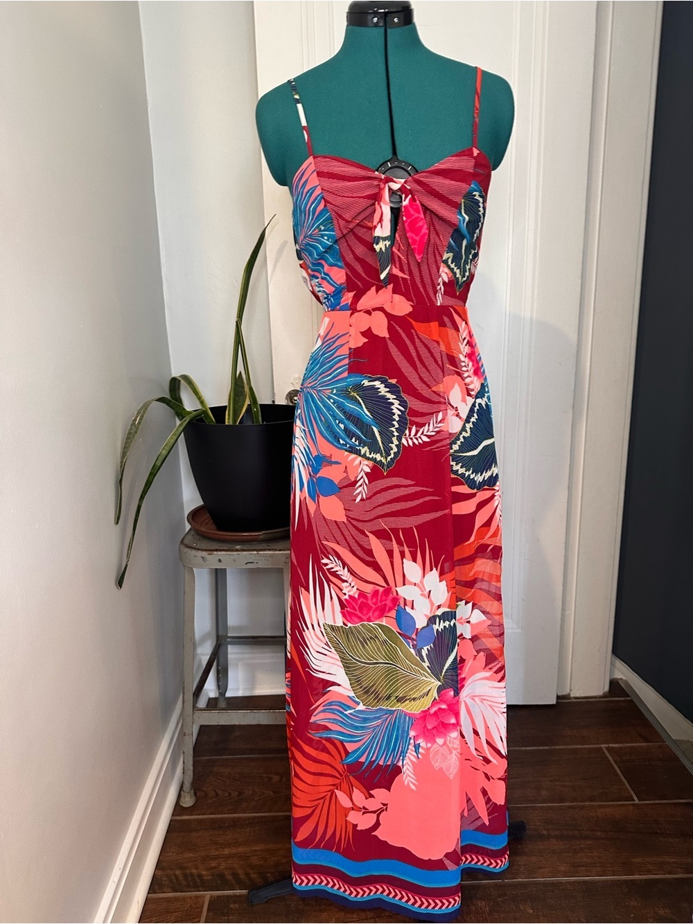 Express Red Tropical Maxi Dress with Multicolor Floral Print